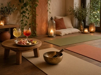 Yin Yoga & Aperitivo Yogamatten mit Klangschale sowie Drinks und Snacks auf einem niedrigen Holztisch.