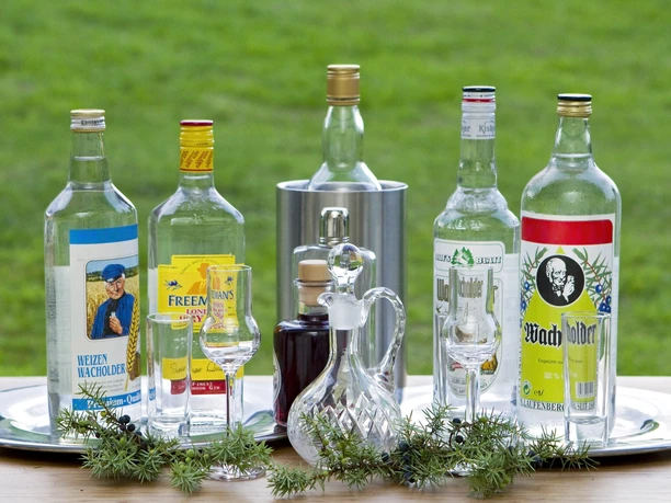 Wacholderschnaps Bunte Schnapsflaschen, eine klare Karaffe und grüne Zweige dekorieren einen Tisch vor einer Wiese.