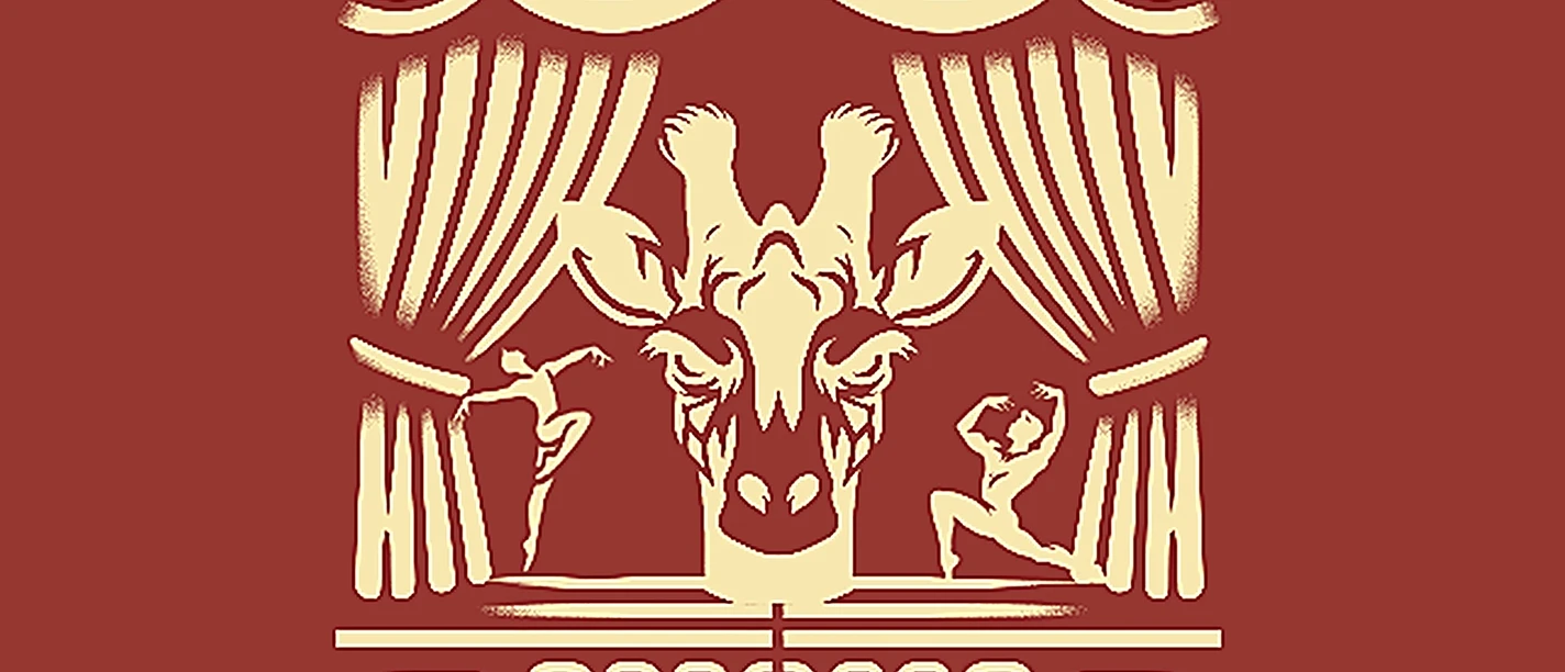 Improvisationstheater rote Grafik mit einer Giraffe auf einer Bühne
