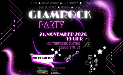 Glamrock Party Schwarzer Hintergrund mit Neonschleifen und Piktogrammen von Gittaren und MIkrophon