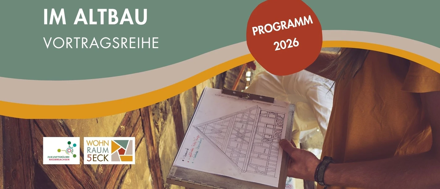 Vortragsreihe Sanierung im Altbau im FachwerkFünfeck Ankündigung der Vortragsreihe Sanierung im Altbau 2026 mit Skizze eines Fachwerkhauses.