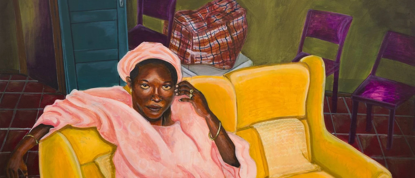 "The Hum Of Your Rhythm" A painting of a woman in a pink gown sitting on a yellow sofa, with chairs and a travel bag behind her