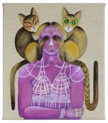 Stefanie Popp, Buzz Masters, 2025 Painting of a purple figure with her arms crossed and two cats on her shoulders
