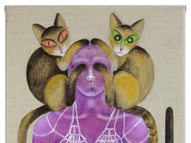 Stefanie Popp, Buzz Masters, 2025 Painting of a purple figure with her arms crossed and two cats on her shoulders