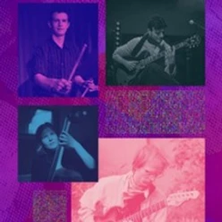 Collage mit vier Jazzmusikern an Gitarre, Cello und Schlagzeug in violett-roten Farbtönen