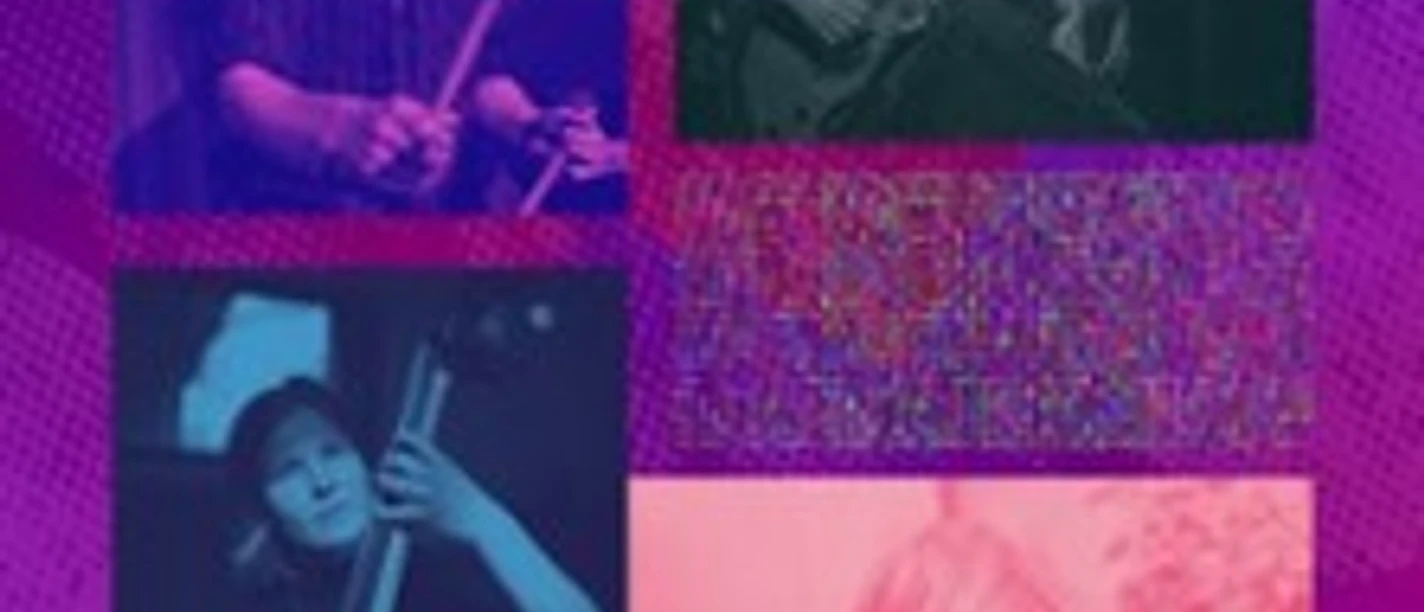 Collage mit vier Jazzmusikern an Gitarre, Cello und Schlagzeug in violett-roten Farbtönen
