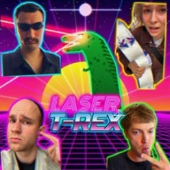 Neonfarbene Collage der Band Laser T Rex mit vier Porträts und grünem T-Rex im Retro-Stil