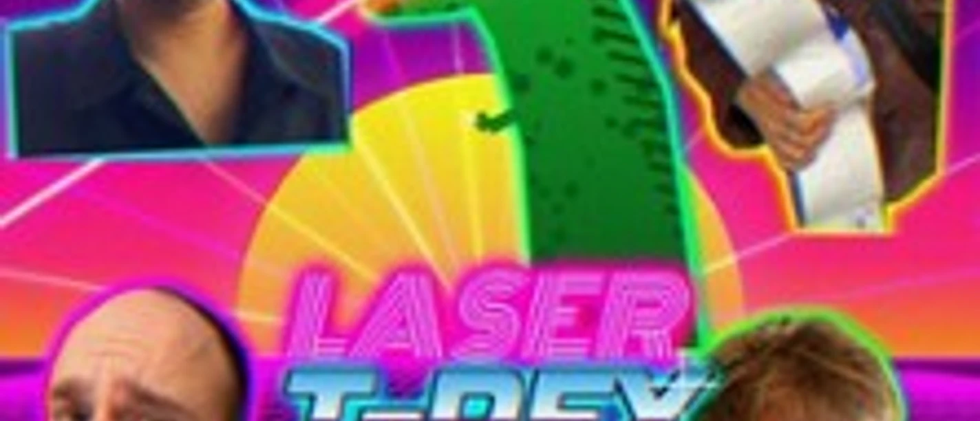 Neonfarbene Collage der Band Laser T Rex mit vier Porträts und grünem T-Rex im Retro-Stil