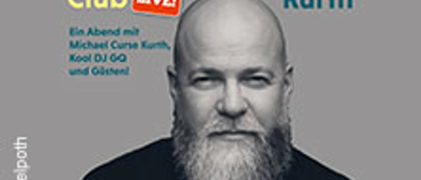 Graues Plakat mit Porträt von Michael Curse Kurth zum Bad Meditators Club Live