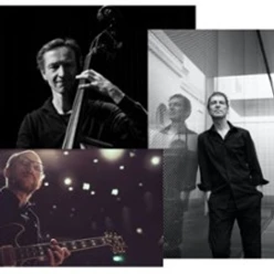 Schwarz-weiß-Collage dreier Jazzmusiker mit Kontrabass, Gitarre und Flügel