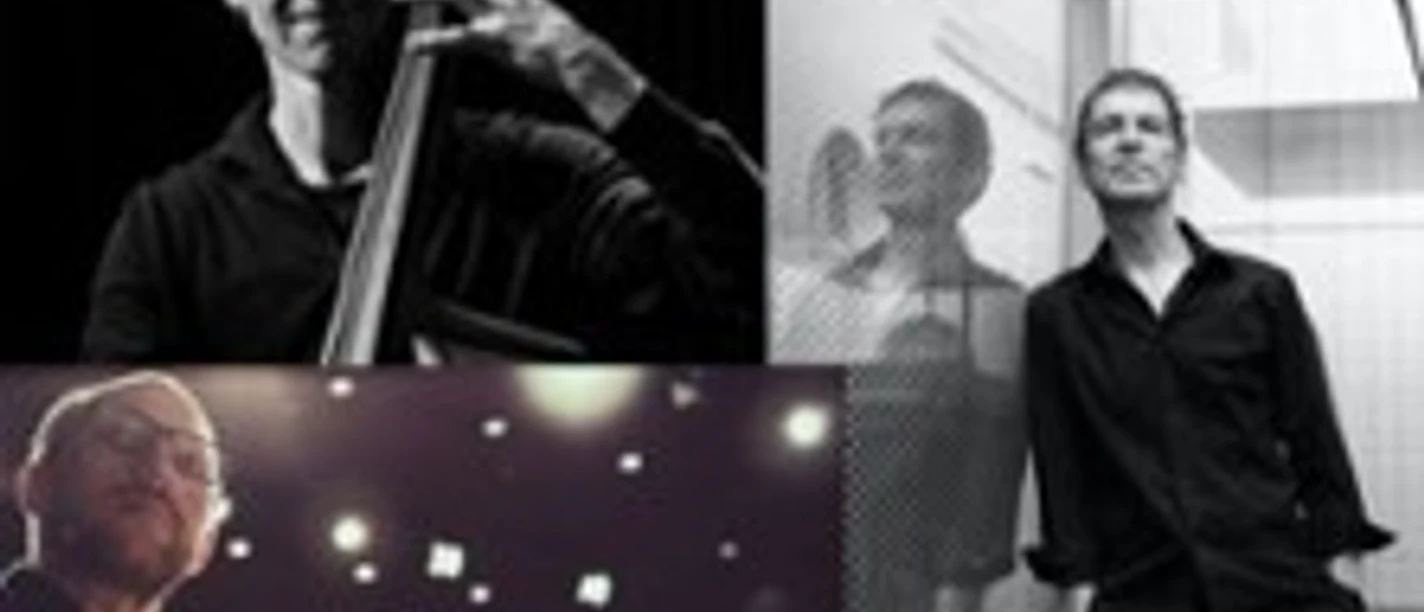 Schwarz-weiß-Collage dreier Jazzmusiker mit Kontrabass, Gitarre und Flügel