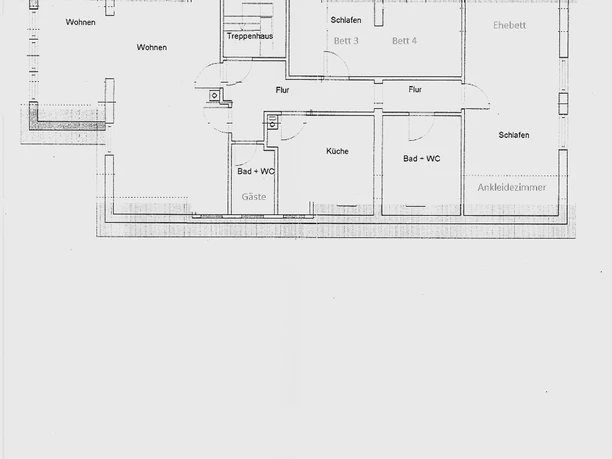 Grundriss der FeWo "Frankenberg" Zu sehen ist ein Plan, wo der Grundriss der FeWo Frankenberg aufgezeichnet ist.