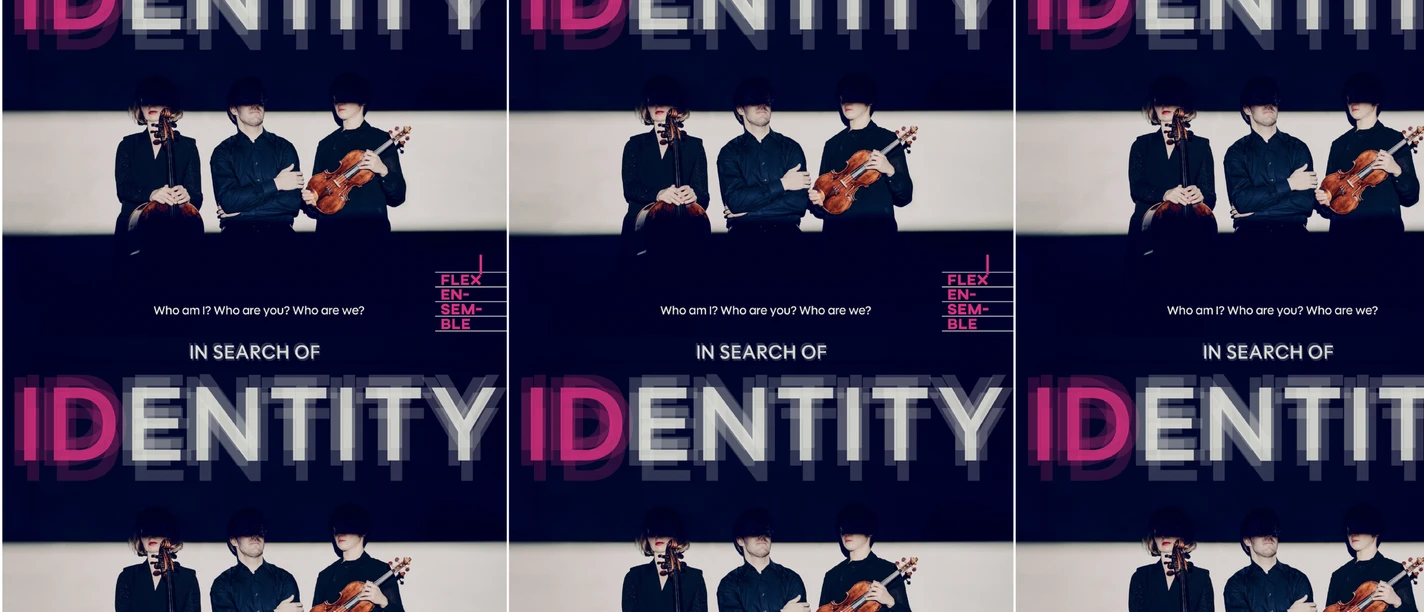flex_Veranstaltungskalender_Einbeck.jpg Plakat des Flex Ensembles mit drei Musikern und dem Titel In Search of Identity.