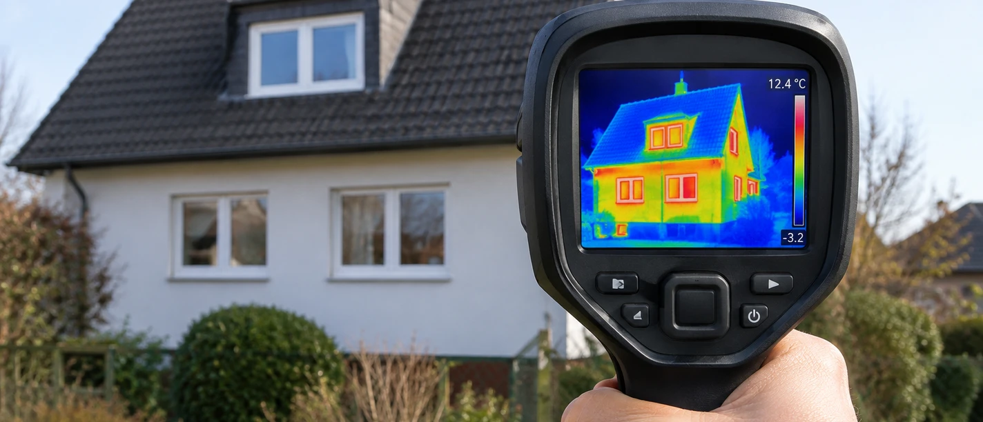 Wärmebildkamera vor Einfamilienhaus Wärmebildkamera erfasst Wärmeverluste an Dach und Fenstern eines Einfamilienhauses.