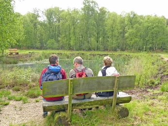 Drei Wanderer auf einer Bank im Moor während einer Pause Drei Wanderer auf einer Bank im Moor während einer PauseThree hikers on a bench in the moor during a breakTre vandrere på en bænk i mosen under en pauseDrie wandelaars op een bankje in de heide tijdens een pauze