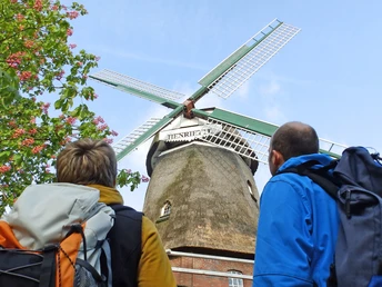 Wanderer schauen auf zu den Flügeln der Windmühle "Henriette" Wanderer schauen auf zu den Flügeln der Windmühle "Henriette"