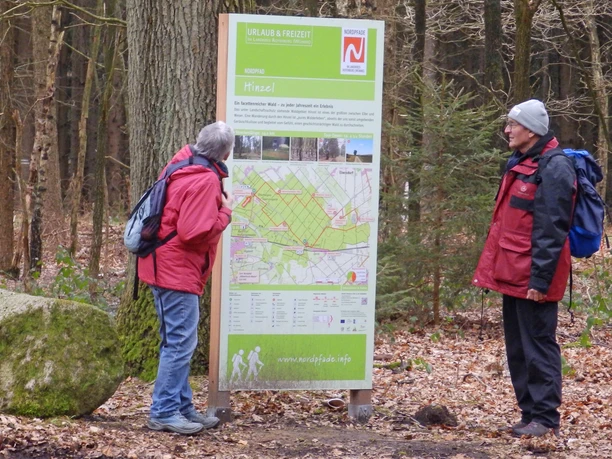 Wanderer an der Infotafel des NORDPFADES Hinzel Wanderer an der Infotafel des NORDPFADES Hinzel