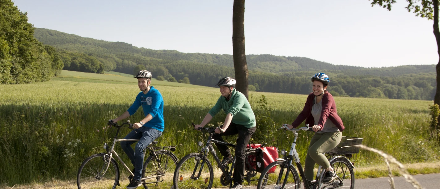 Unterwegs im Osnabrücker Land Drei Radfahrer fahren auf einer Straße durch eine weite grüne Landschaft bei sonnigem Wetter.