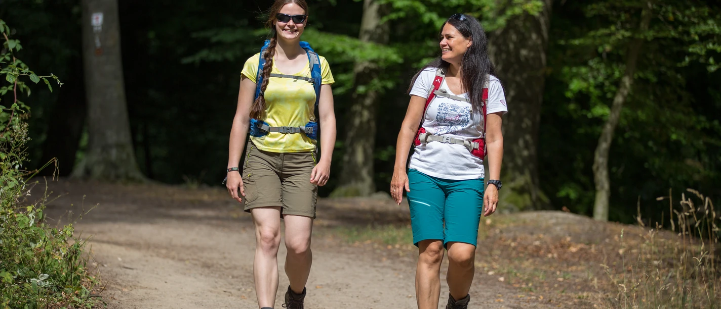 Wandern im Natur- und Geopark TERRA.vita Zwei wandernde Frauen in einem sonnigen Waldweg, lächelnd, mit Rucksäcken.