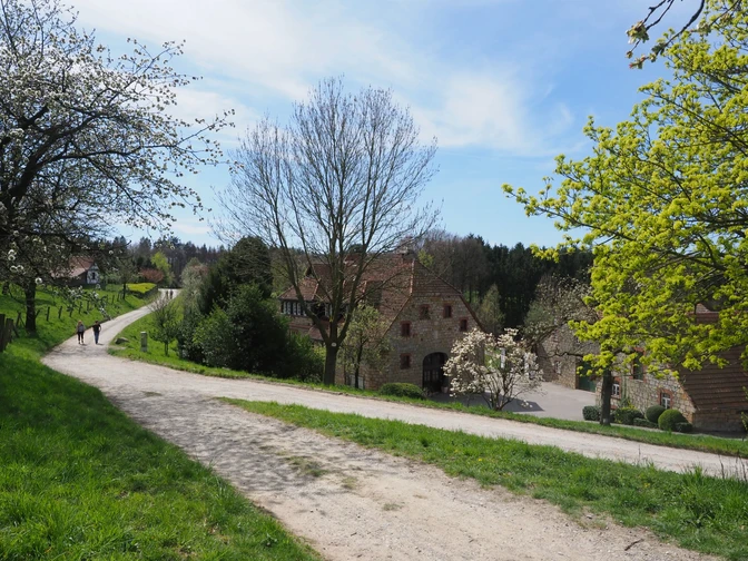 Idyllische Landschaft Wanderweg durch ländliche Landschaft, flankiert von Bäumen und historischen Gebäuden.Hiking trail through a rural landscape, flanked by trees and historic buildings.Vandresti gennem et landligt landskab, flankeret af træer og historiske bygninger.Wandelpad door een landelijk landschap, geflankeerd door bomen en historische gebouwen.