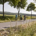 Unterwegs im Osnabrücker Land Drei Radfahrer auf einer Landstraße durch eine grüne, hügelige Landschaft.