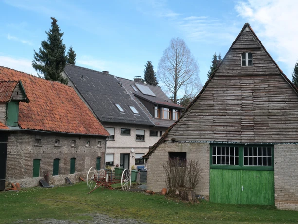 Historische boerderijen met opvallende houten daken en groene deuren tegen een schilderachtige achtergrond.