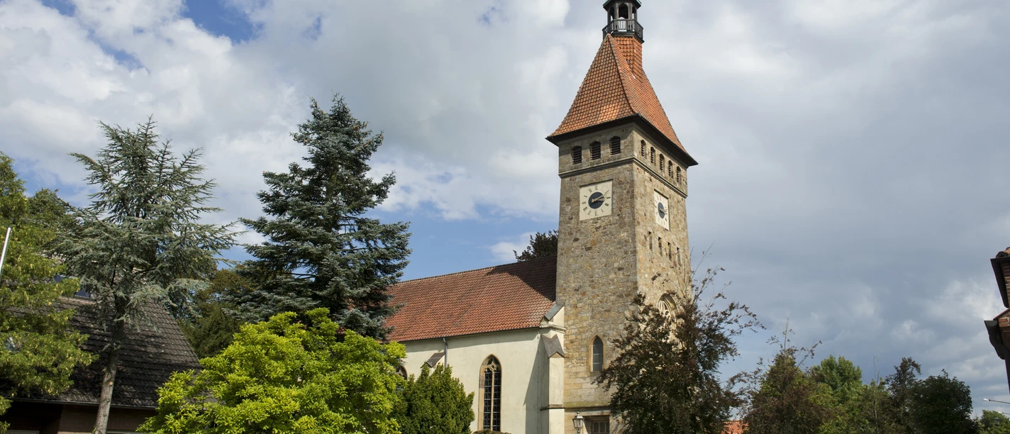 Kirche St. Marien in Schwege A historic church with a high tower and red roof, surrounded by green plants and trees.