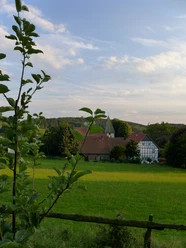 Der idyllische Ort Holte View of a church and half-timbered houses behind green fields and trees under a blue sky.