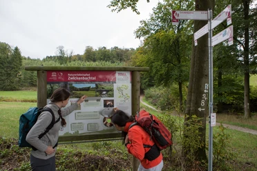 Twee wandelaars verkennen het natuurreservaat Zwickelbach.