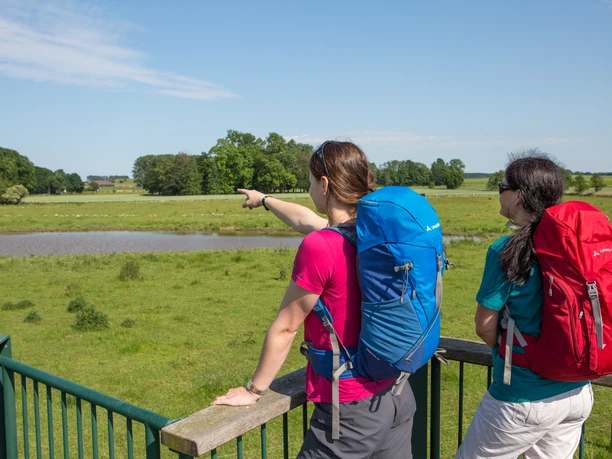 Blick über die Flusslandschaft To vandrere betragter et bredt, grønt landskab fra en platform.