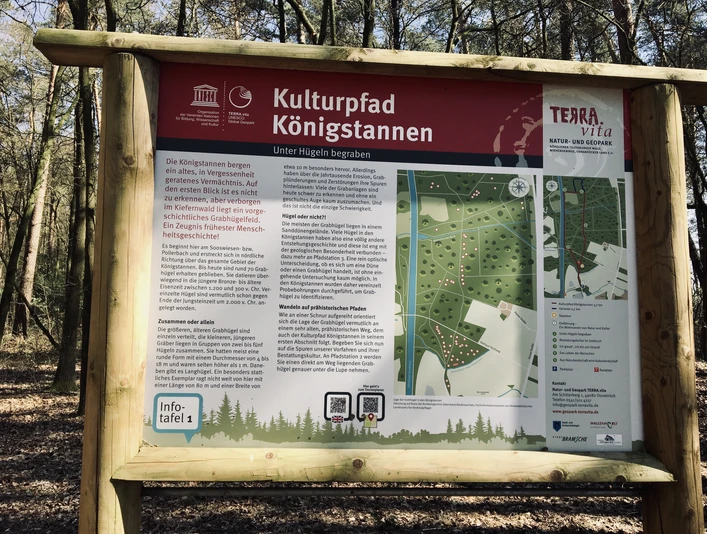 Informationstafel Infotafel zum Kulturpfad Königstannen mit Karte und Beschreibungen im Waldgebiet.Information board on the Königstannen cultural trail with map and descriptions in the forest area.Informationstavle om kulturstien Königstannen med kort og beskrivelser i skovområdet.Informatiebord over de Königstannen cultuurroute met kaart en beschrijvingen in het bosgebied.