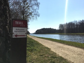 Am Stichkanal Wanderweg am Wasser entlang, gesäumt von Bäumen im Sonnenschein, Hinweisschild "Terra.track".Hiking trail along the water, lined with trees in the sunshine, "Terra.track" sign.Vandresti langs vandet, omkranset af træer i solskin, skilt "Terra.track".Wandelpad langs het water, omzoomd met bomen in de zon, wegwijzer "Terra.track".