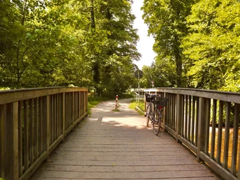 Ein Fahrrad lehnt an einem hölzernen Steg, der eine Waldlichtung in sommerlich grüner Umgebung überquert.