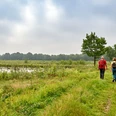 Wandern im Venner Moor Zwei Wanderer spazieren entlang einer grünen Wiese an einem bewölkten Tag in Niedersachsen.