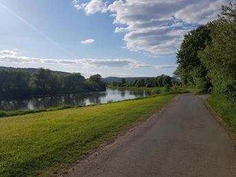 Ein ruhiger Fluss schlängelt sich durch eine grüne Landschaft, flankiert von Bäumen und einem blauen Himmel.