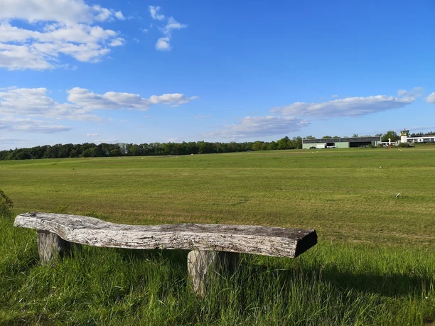 Flugplatz am Räuschenberg Eine Holzbank steht vor einer weitläufigen Wiese unter einem blauen Himmel mit vereinzelten Wolken.