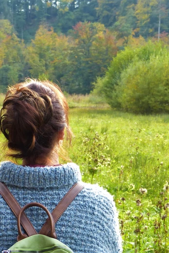 Person mit Rucksack blickt auf herbstlichen Waldweg und grüne, bewaldete Landschaft.A person with a rucksack looks out over an autumnal forest path and a green, wooded landscape.En person med en rygsæk kigger ud over en efterårsagtig skovsti og et grønt, skovklædt landskab.Een persoon met een rugzak kijkt uit over een herfstig bospad en een groen, bebost landschap.