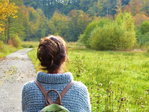 Wandern in Ankum Person mit Rucksack blickt auf herbstlichen Waldweg und grüne, bewaldete Landschaft.
