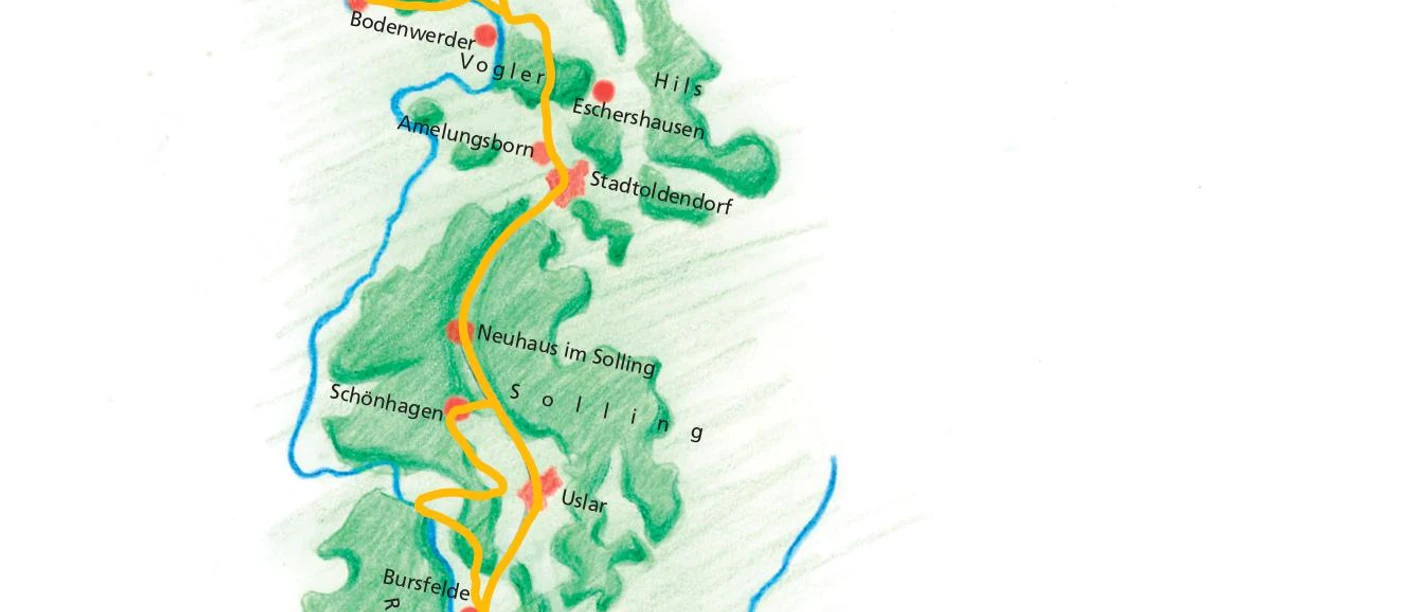 Pilgerweg Loccum-Volkenroda Übersichtskarte des Pilgerweges von Loccum nach Volkenroda, mit markierten Stationen und Umgebung.