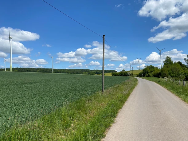 Ländliche Straße neben einem weiten Feld mit Windkraftanlagen unter blauem Himmel und Wolken.