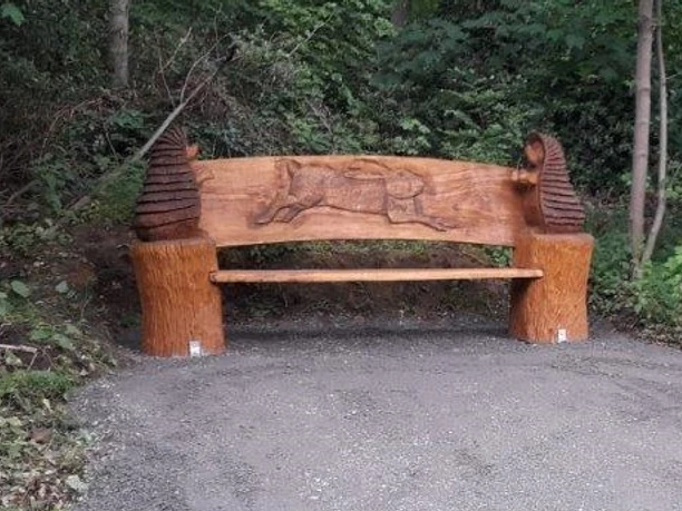 Märchenweg Holzbank im Wald, verziert mit geschnitzten Tieren auf der Rückenlehne, umgeben von Laubwerk.