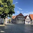 Historische Fachwerkhäuser umrahmen einen gepflasterten Platz mit einem Baum in Nienburg bei Sonnenschein.