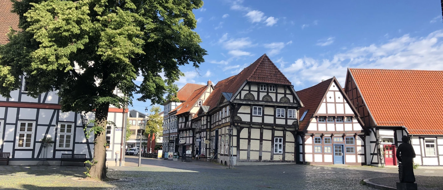 Kirchplatz Nienburg Historische Fachwerkhäuser umrahmen einen gepflasterten Platz mit einem Baum in Nienburg bei Sonnenschein.