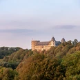b-ren-wewelsburg-9-teutoburger-wald-tourismus-m-schoberer Die Wewelsburg erhebt sich majestätisch über bewaldete Hügel im Licht der Abendsonne.