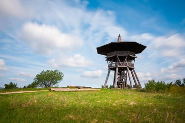Eggeturm Ein hölzerner Aussichtsturm mit einem markanten Dach steht auf einer grünen, offenen Wiese.