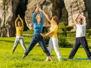 Yoga Vier Personen praktizieren Yoga im Freien, umgeben von hohen Felsformationen und grünen Wiesen.