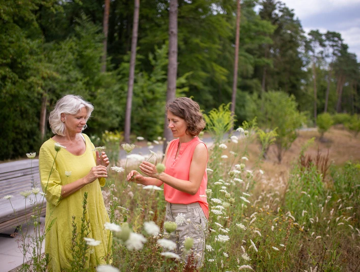 Die Natur bewusst wahrnehmen Zwei Frauen stehen inmitten blühender Wiesen, umgeben von hohen Bäumen, tief im Gespräch vertieft.