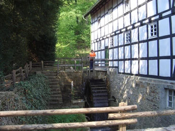 bad-holzhausen-wasserrad-streich2 Fachwerkgebäude mit Wasserrad in grüner Umgebung, eine Person steht auf der Brücke darüber.