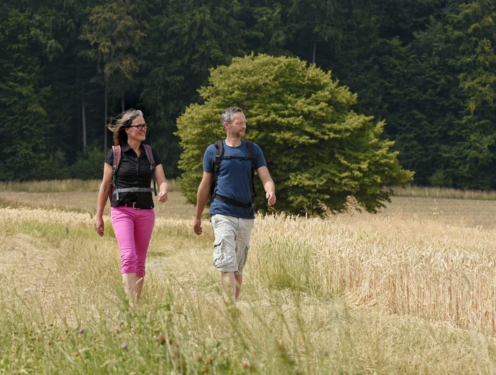 Wandern den Ohren zuliebe Zwei Personen wandern auf einem Weg durch ein Feld, von Wäldern im Hintergrund umgeben.