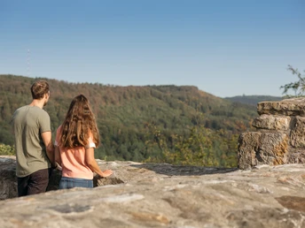 detmold-ruine-falkenburg-teutoburger-wald-tourismus-m-schoberer-4 Zwei Menschen genießen von einer Mauer am Berg aus den Blick auf die bewaldete Landschaft.